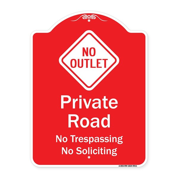 Private Road No Trespassing Or Soliciting With No Outlet Symbol Aluminum Sign, 24" H, RW-1824-9911